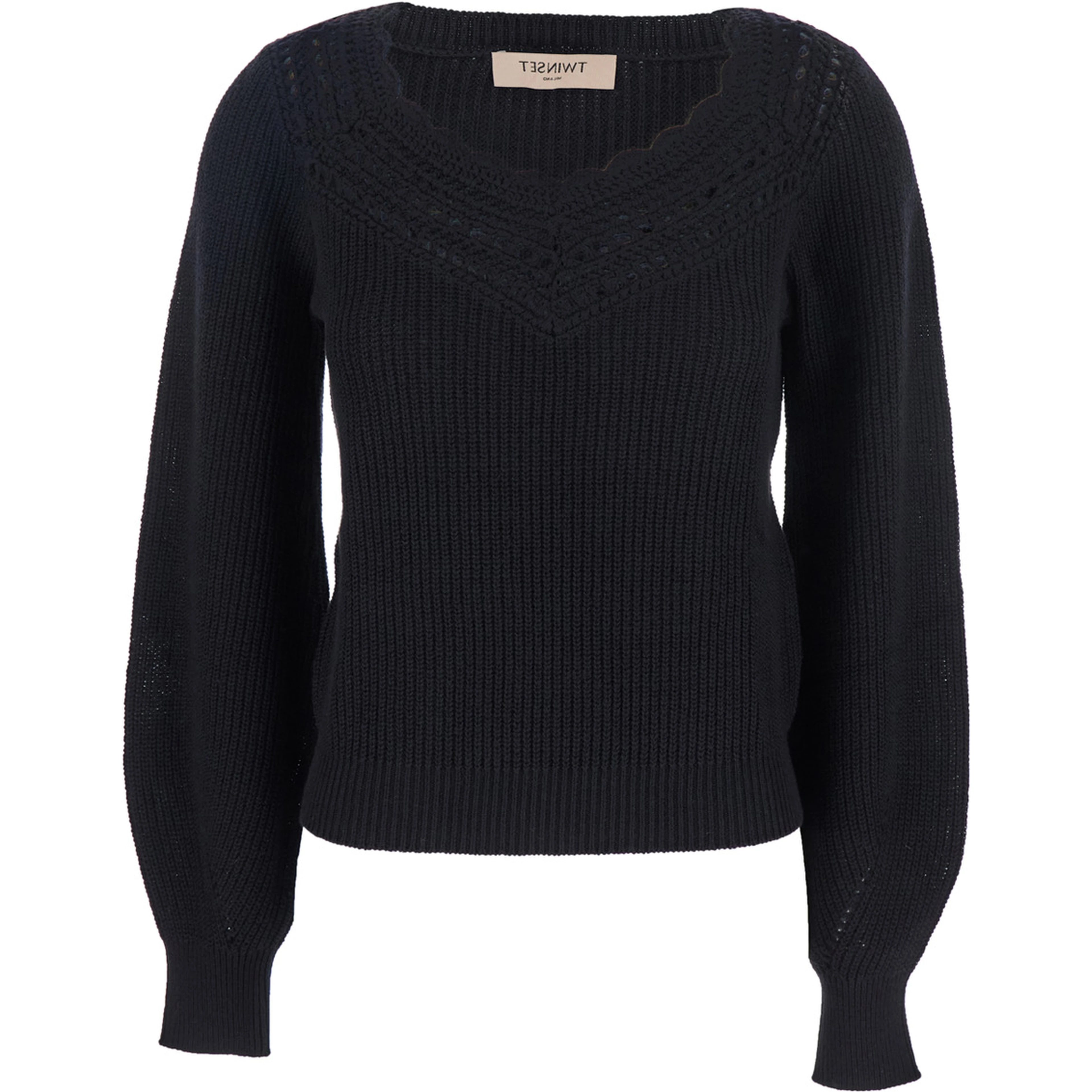 Black Sweater with Embroidered Collar and Elastic Cuffs in Wool and Cotton Woman