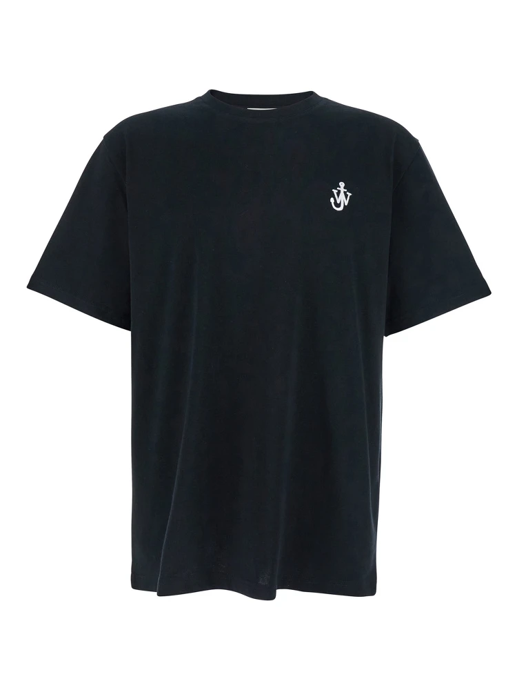 Black Crewneck T-Shirt with Anchor Embroidery on the Front in Cotton Man