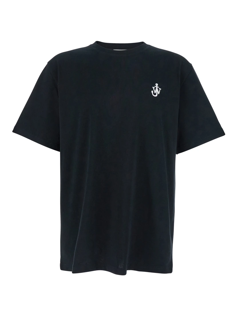 Black Crewneck T-Shirt with Anchor Embroidery on the Front in Cotton Man