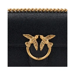 Love One Black Mini Bag with Chain-Link Shoulder Strap and Love Birds Diamond cut Plaque in Leather Woman