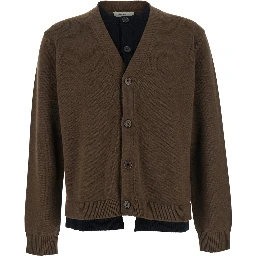 Brown Cardigan with V-Neck and Layered Design in Fabric Man