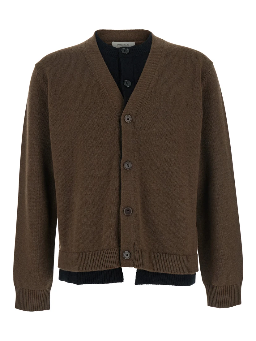 Brown Cardigan with V-Neck and Layered Design in Fabric Man