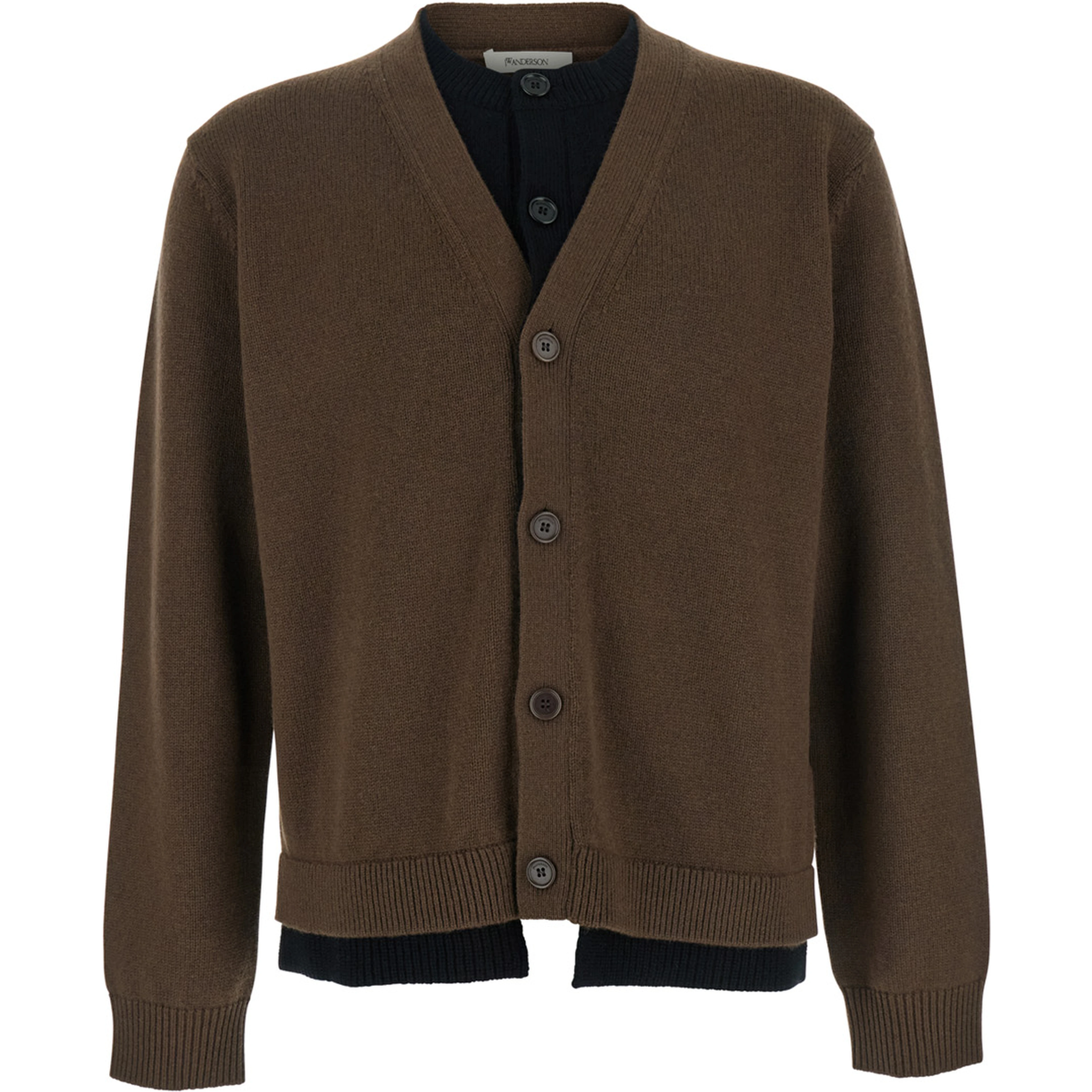 Brown Cardigan with V-Neck and Layered Design in Fabric Man