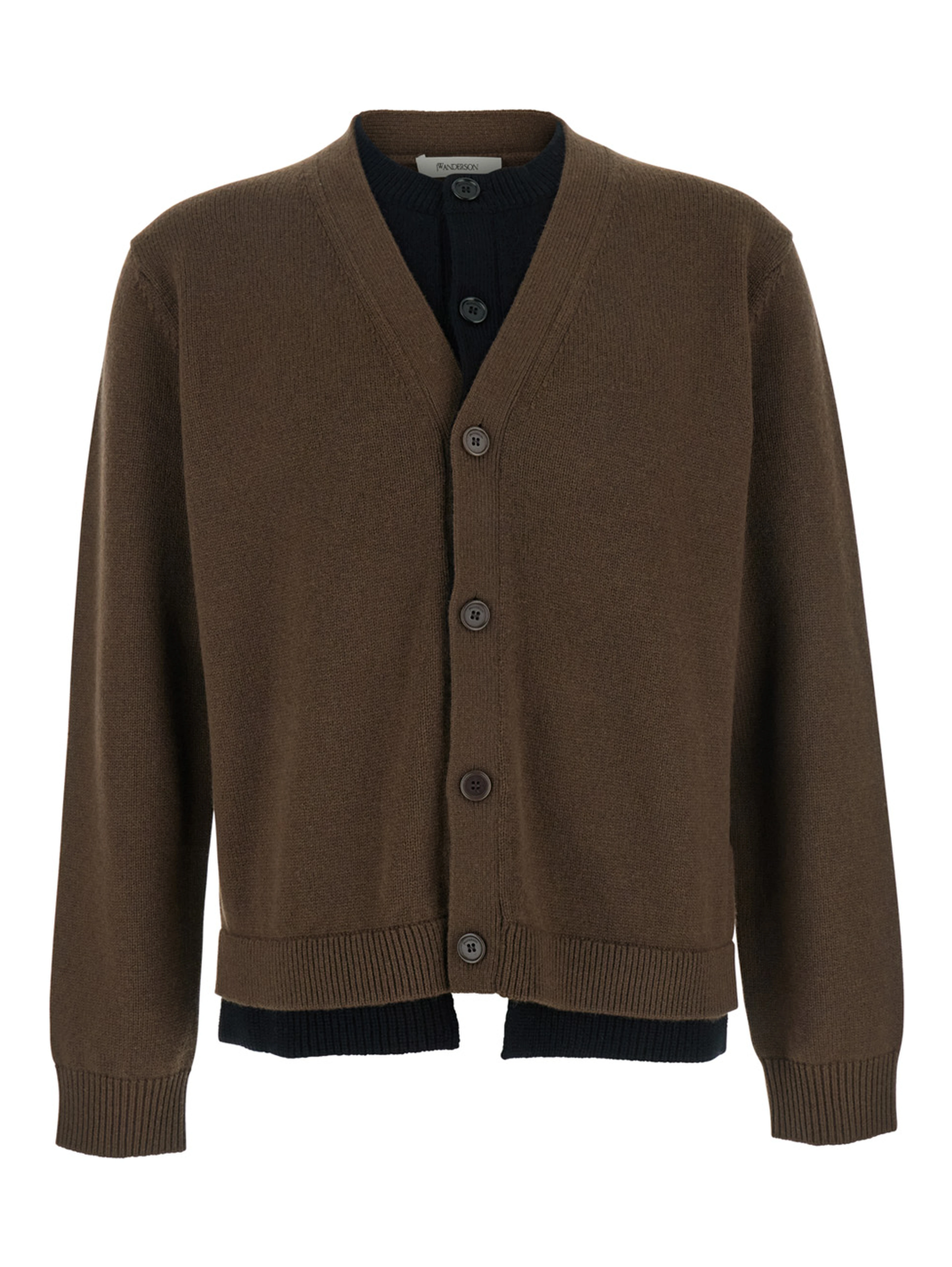 Brown Cardigan with V-Neck and Layered Design in Fabric Man