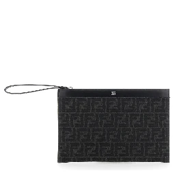 Grey Clutch with All-Over FF Motif in Fabric and Leather Man