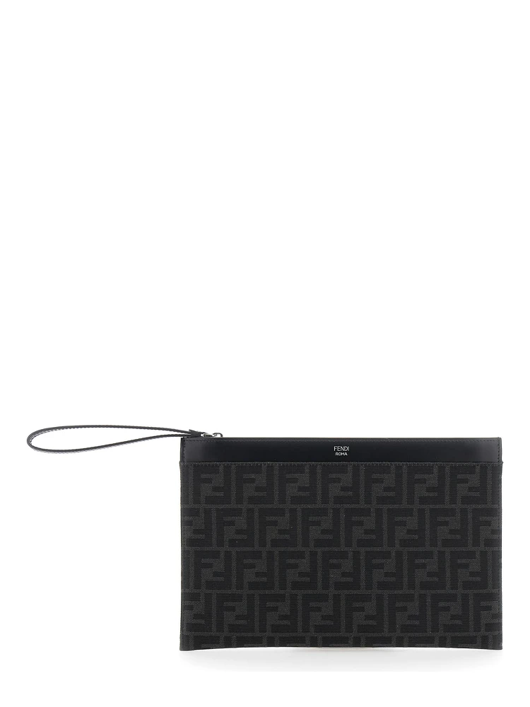 Grey Clutch with All-Over FF Motif in Fabric and Leather Man