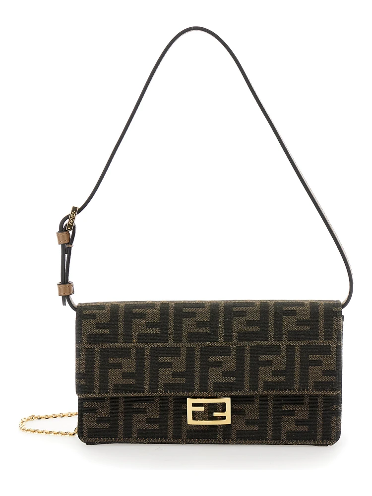 Baguette Brown Wallet on Chain with FF Closure in Canvas Woman