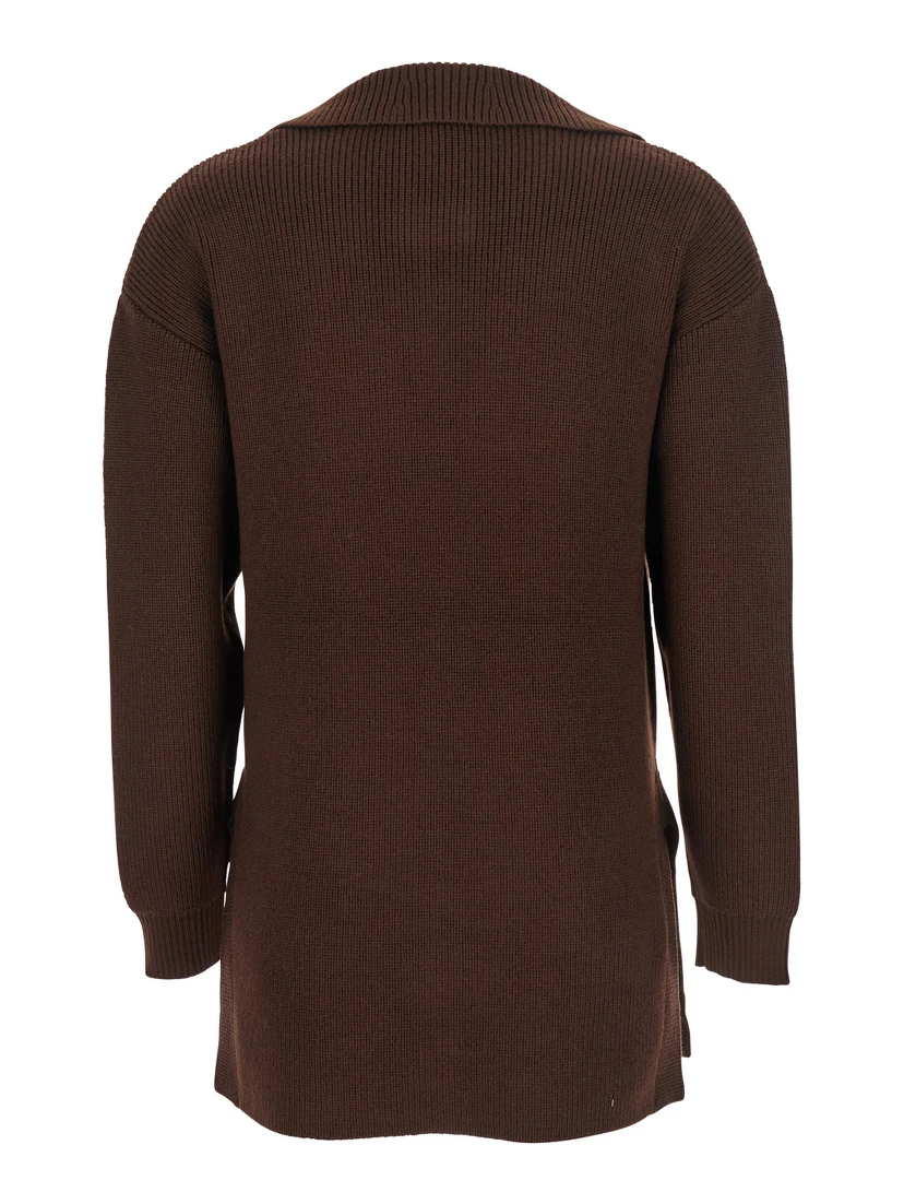 Brown Sweater with Polo Shirt Style Collar and Buckle Detail on the Front in Wool Blend Woman