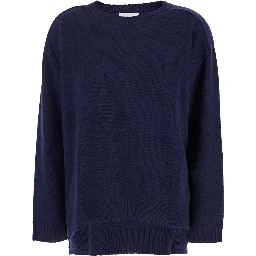 Blue Crewneck Sweater with Asymmetric Hem in Wool and Cashmere Woman