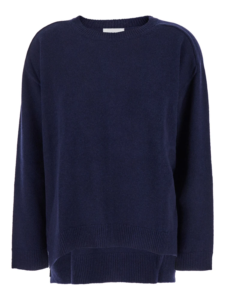 Blue Crewneck Sweater with Asymmetric Hem in Wool and Cashmere Woman
