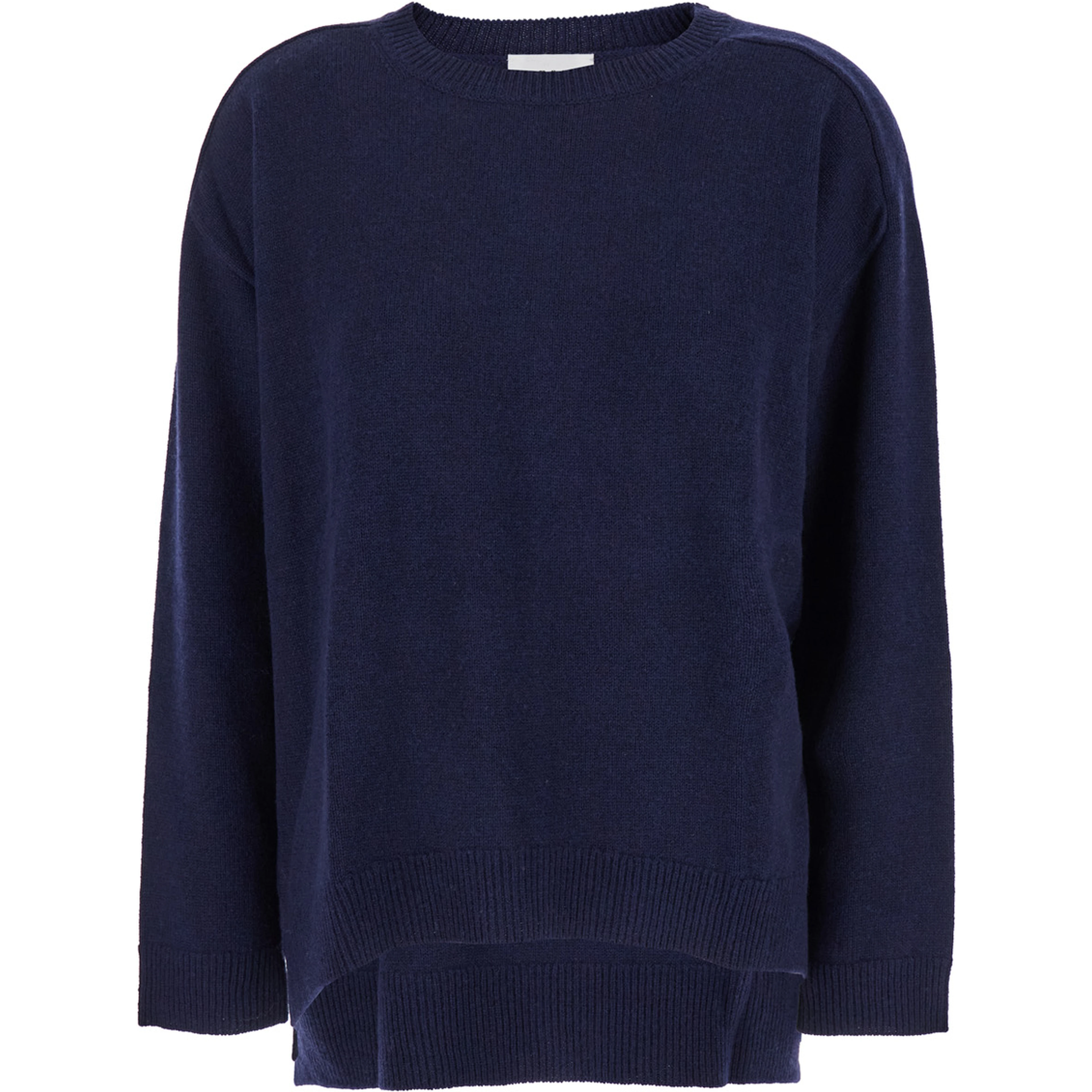 Blue Crewneck Sweater with Asymmetric Hem in Wool and Cashmere Woman