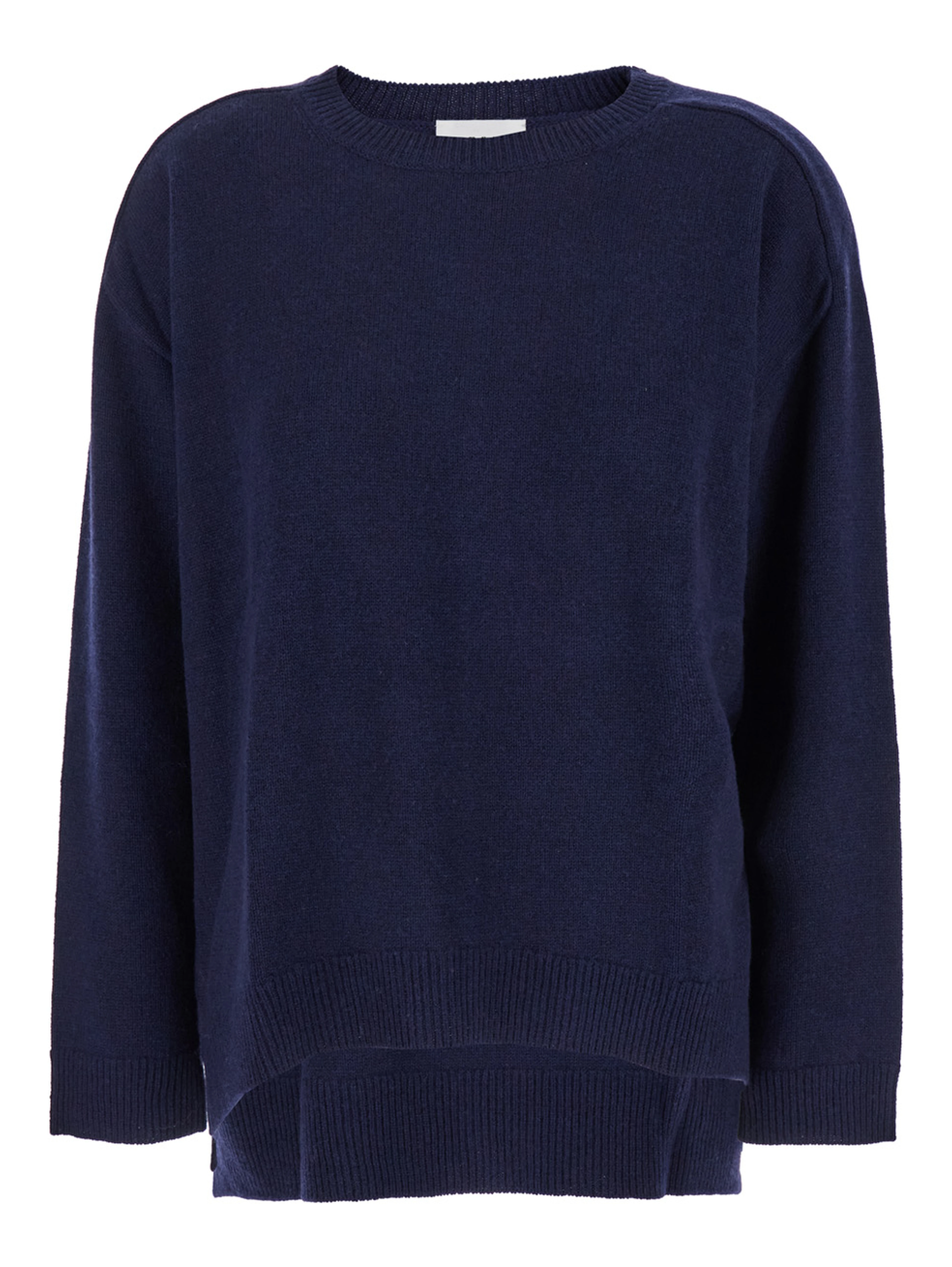 Blue Crewneck Sweater with Asymmetric Hem in Wool and Cashmere Woman