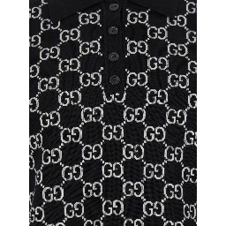 Black Polo Shirt with Ribbed Trims in GG Canvas Woman