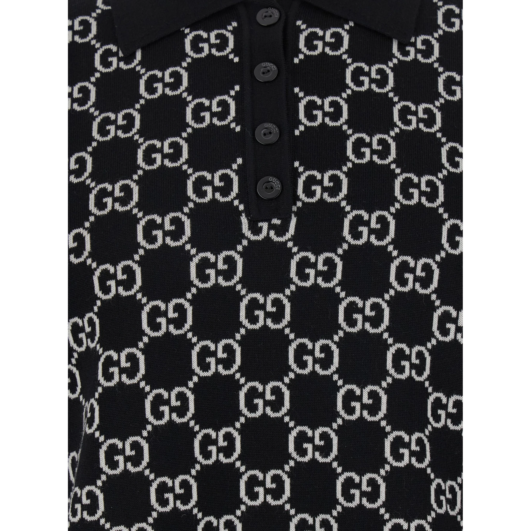 Black Polo Shirt with Ribbed Trims in GG Canvas Woman