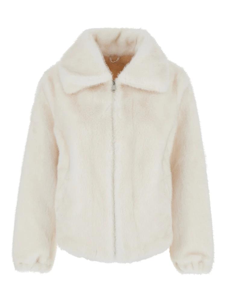 Annie White Fur Jacket with Spread Collar and Front Zip Closure in Ecofur Woman