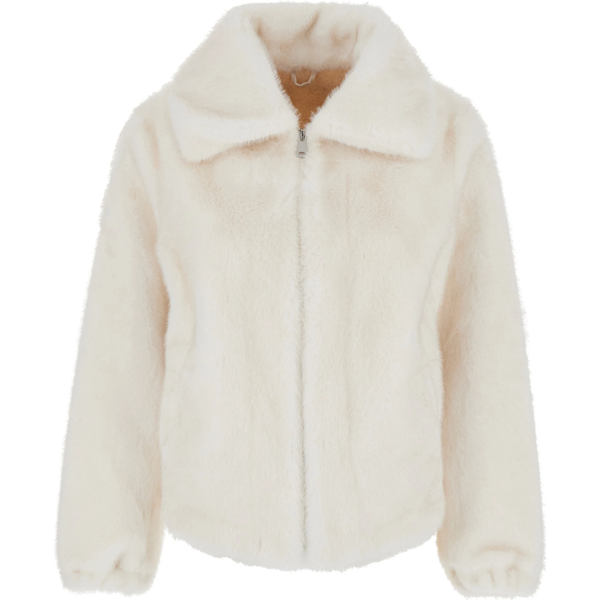 Annie White Fur Jacket with Spread Collar and Front Zip Closure in Ecofur Woman