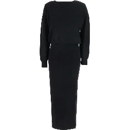 Black Round Neck Dress with Draped Waist in Wool Blend Woman