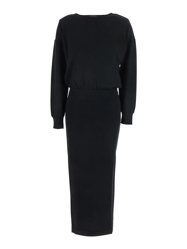 Black Round Neck Dress with Draped Waist in Wool Blend Woman