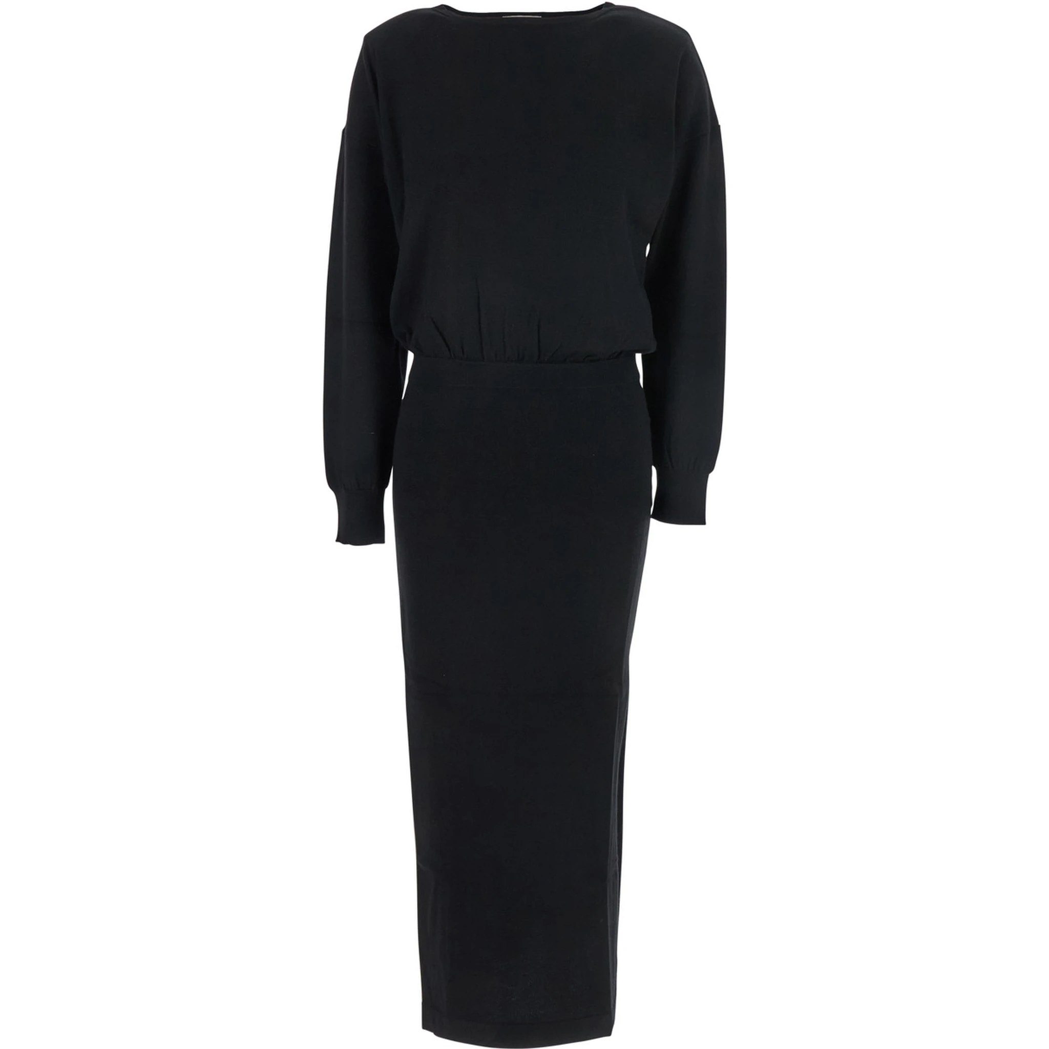 Black Round Neck Dress with Draped Waist in Wool Blend Woman