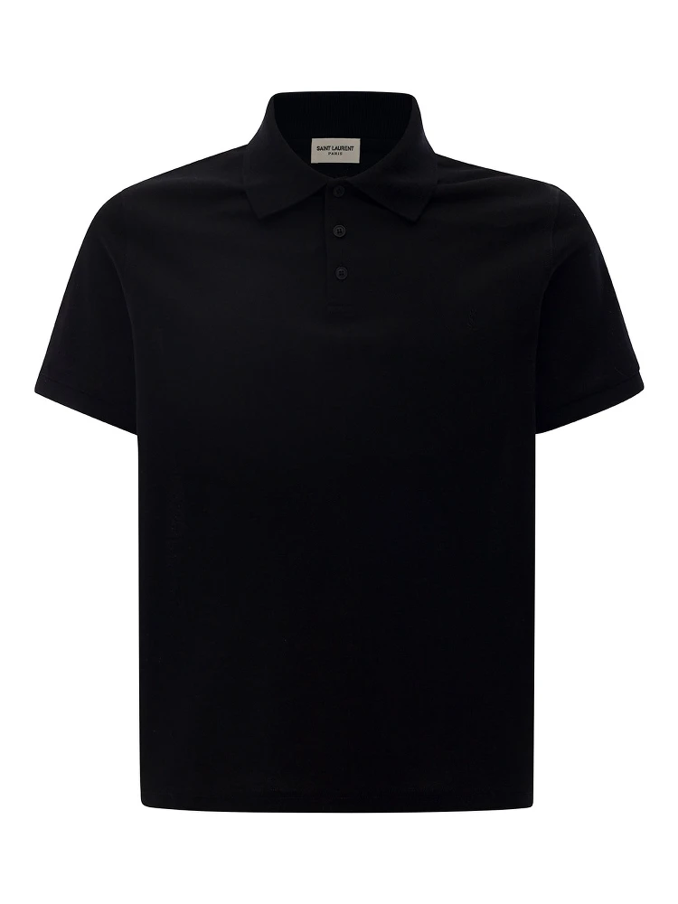 Embroidered Logo Short Sleeved Polo in Black Cotton Man