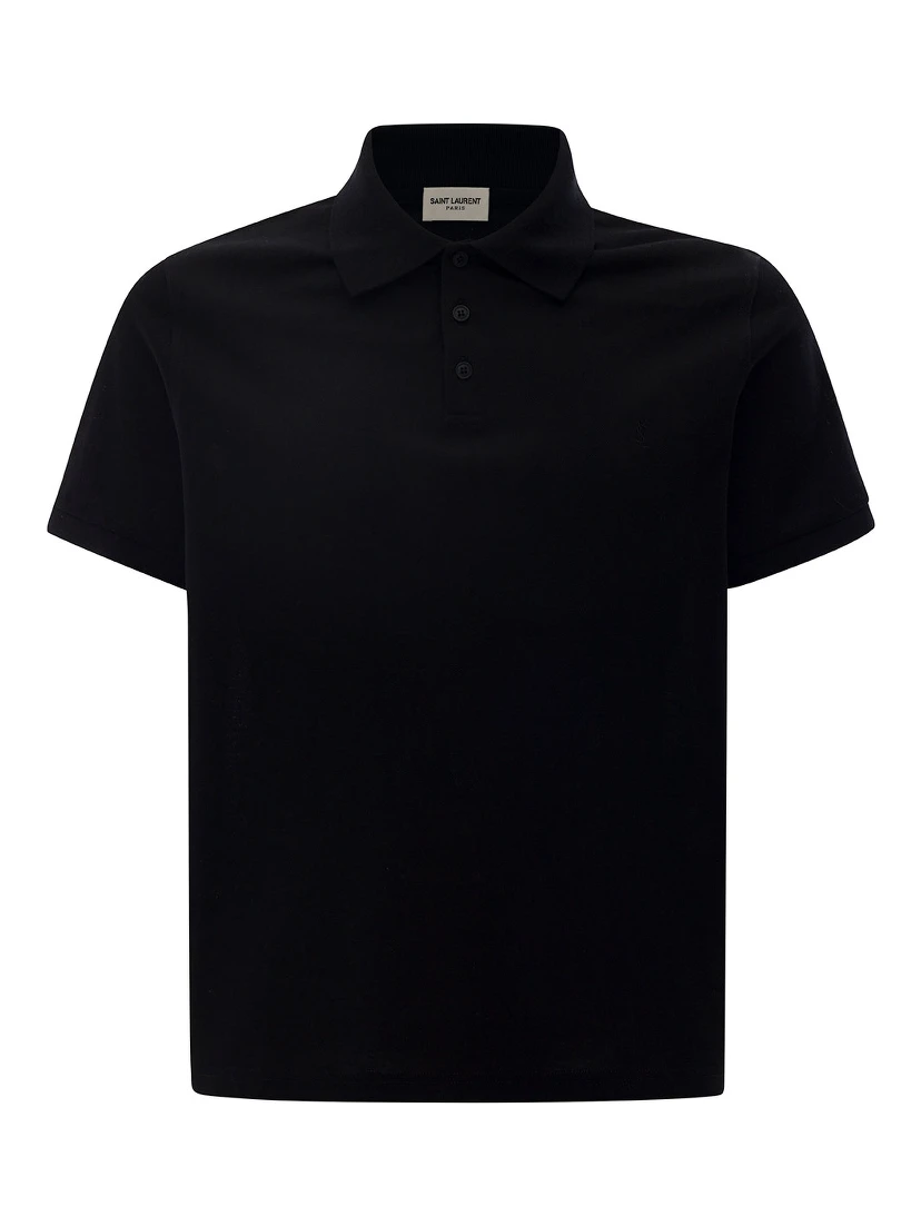 Embroidered Logo Short Sleeved Polo in Black Cotton Man