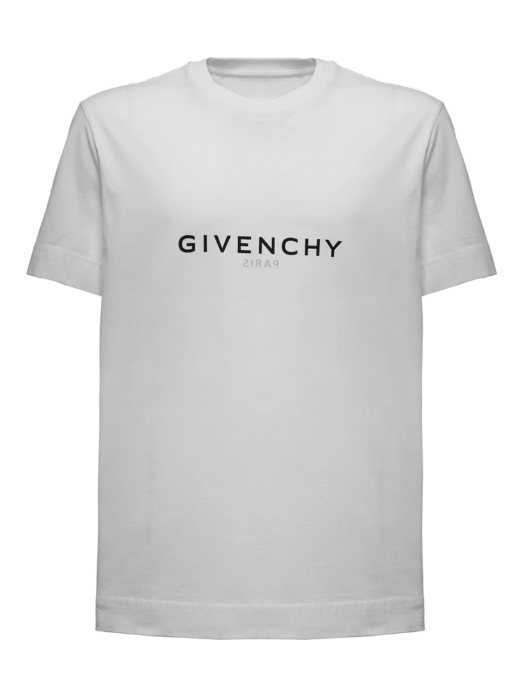 تيشيرت أبيض برقبة دائرية وشعار مطبوع على الجهة الأمامية من القطن الرجالي