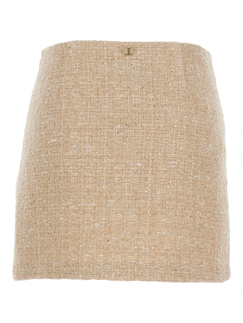 Beige Miniskirt with Pleated Details on the Front and Logo Plaque on the Rear in Tech Fabric Woman