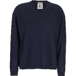 كنزة زرقاء بياقة على شكل حرف V وحواف مضلعة من الصوف للنساء