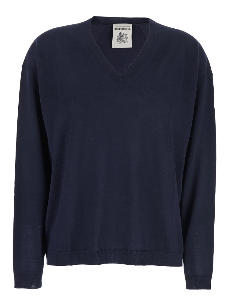 Blue Sweater with V Neck and Ribbed Trims in Wool Woman