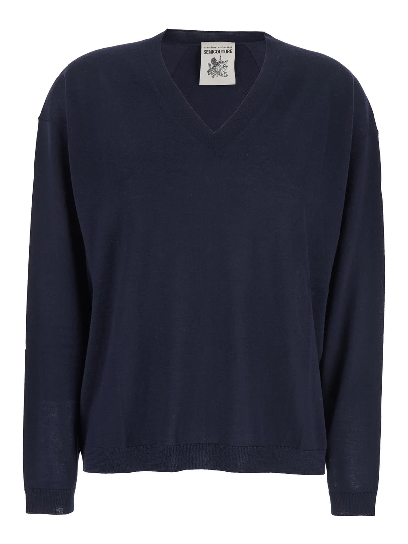 Blue Sweater with V Neck and Ribbed Trims in Wool Woman