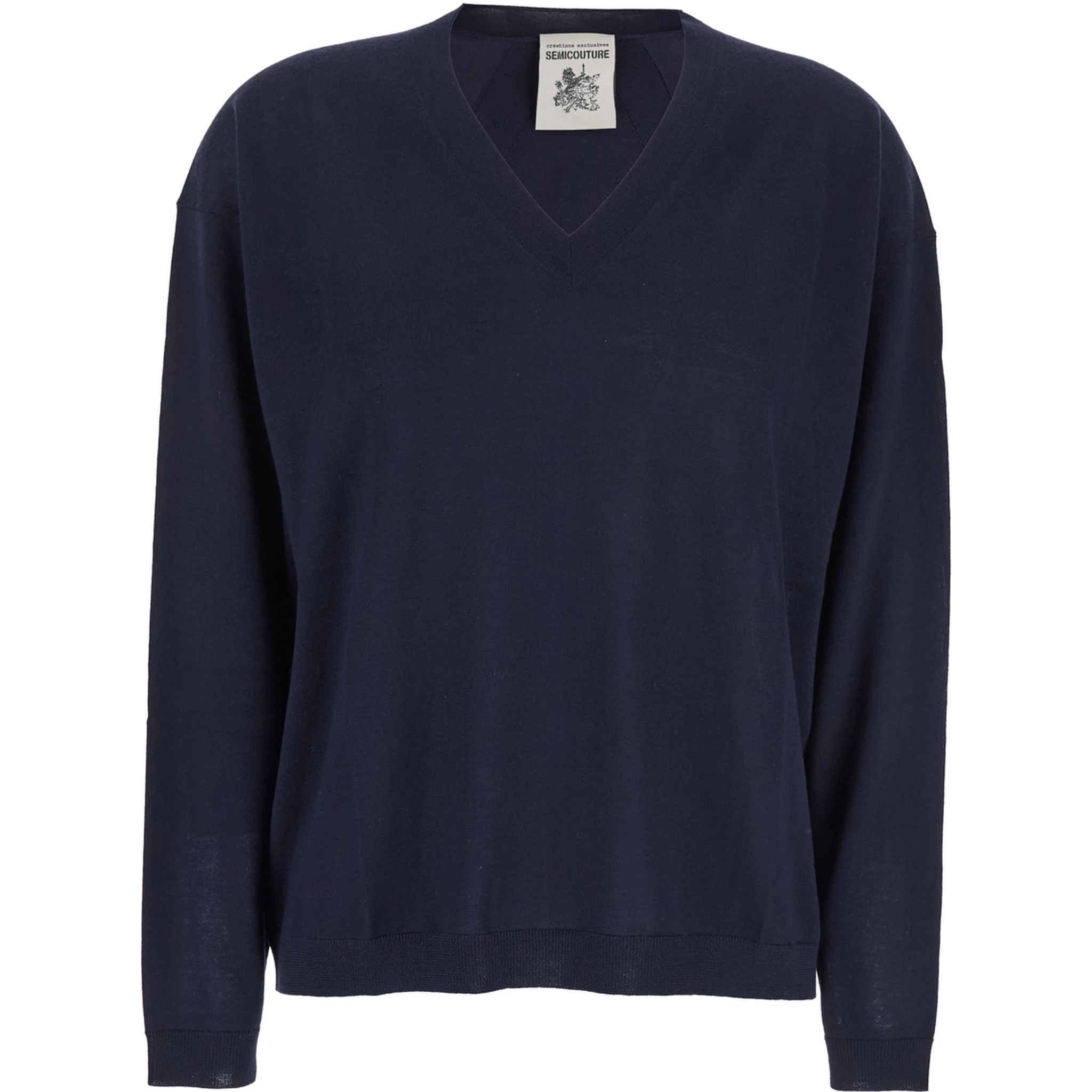 كنزة زرقاء بياقة على شكل حرف V وحواف مضلعة من الصوف للنساء