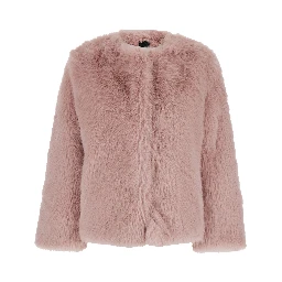 Pink Crewneck Fur Jacket with Concealed Front Closure in Ecofur Woman