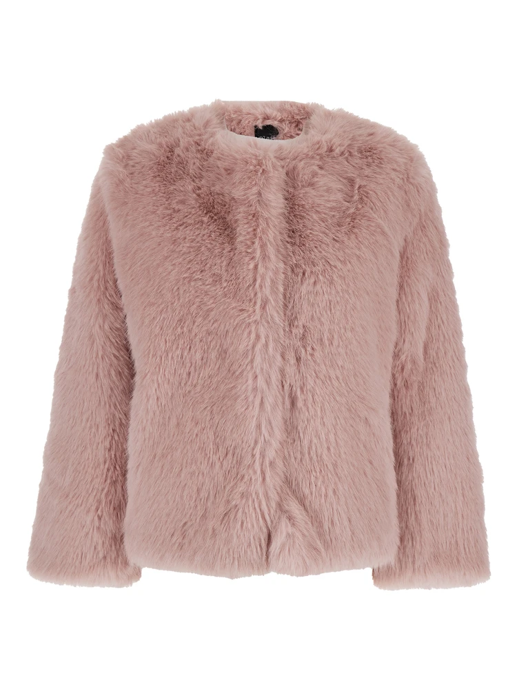 Pink Crewneck Fur Jacket with Concealed Front Closure in Ecofur Woman