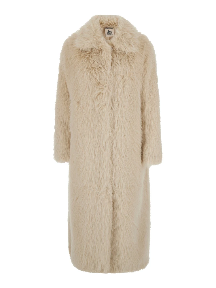 Beige Shearling Coat with Notched Revers and Concealed Front Closure in Ecofur Woman