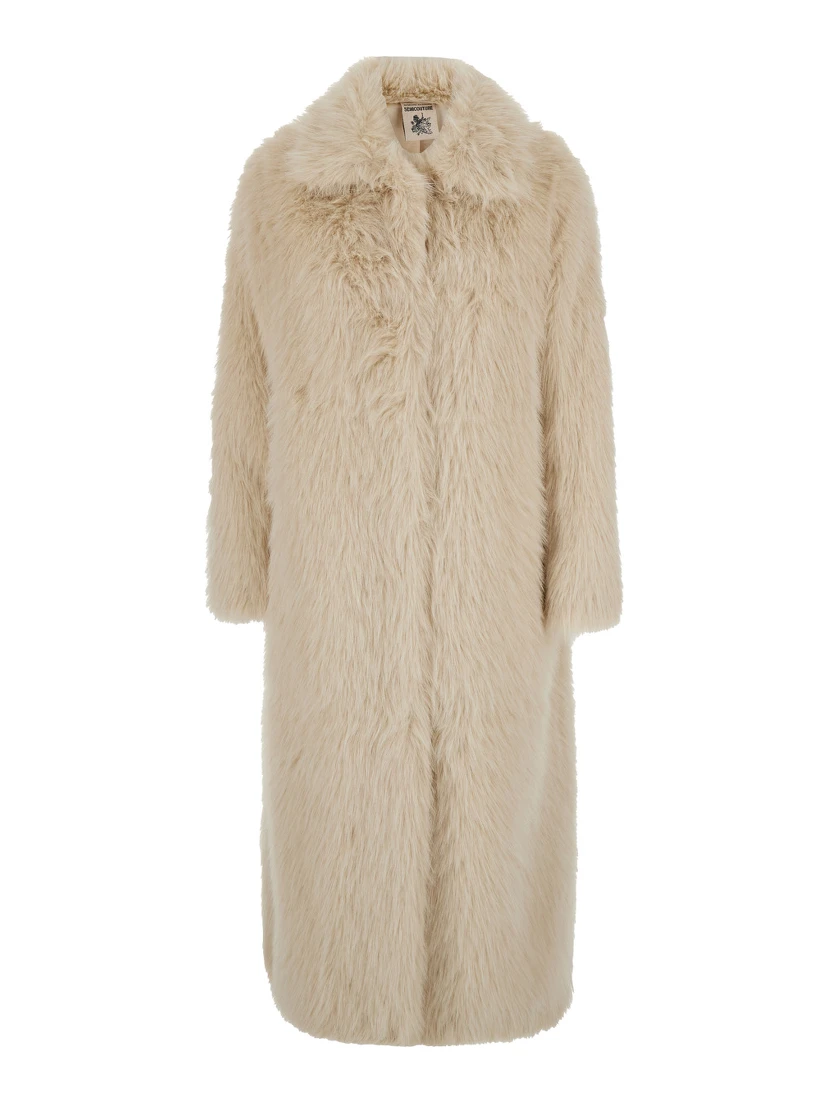 Beige Shearling Coat with Notched Revers and Concealed Front Closure in Ecofur Woman