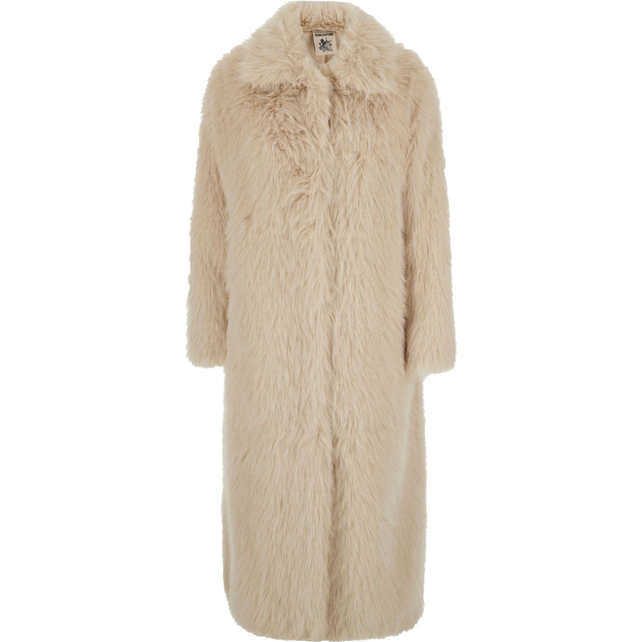 Beige Shearling Coat with Notched Revers and Concealed Front Closure in Ecofur Woman