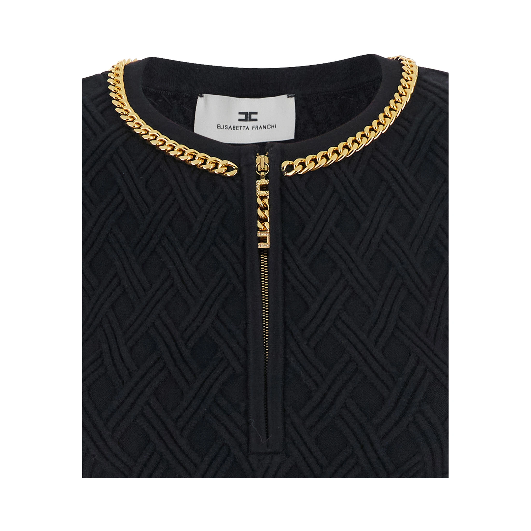 Black Crewneck Dress with Chain Detail on the Collar in Wool Woman