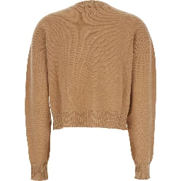 Beige Crew Neck Sweater with Dropped Shoulder and Ribbed Details in Wool Woman