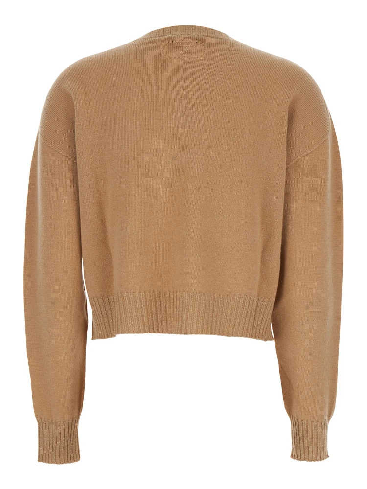 Beige Crew Neck Sweater with Dropped Shoulder and Ribbed Details in Wool Woman alternative