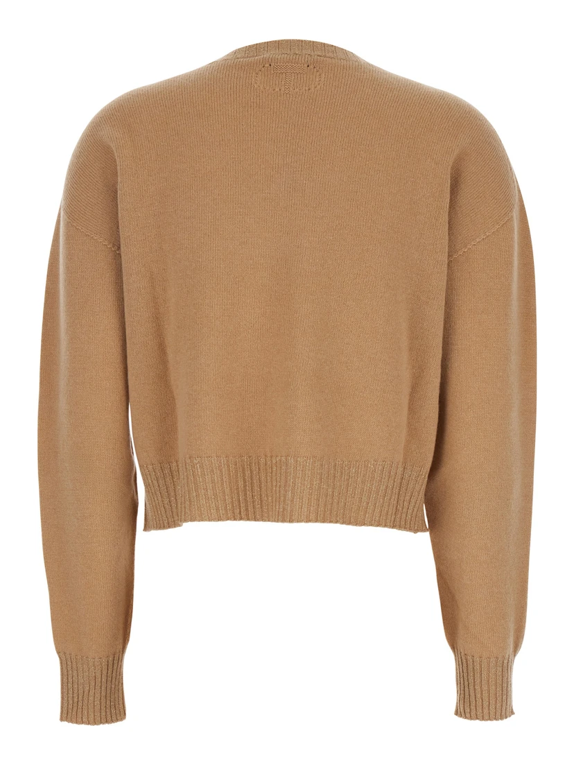 Beige Crew Neck Sweater with Dropped Shoulder and Ribbed Details in Wool Woman