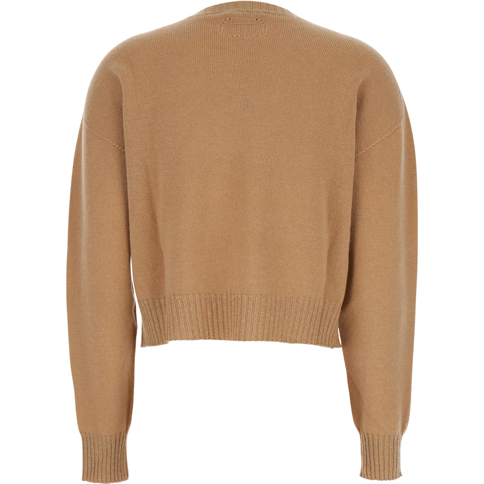 Beige Crew Neck Sweater with Dropped Shoulder and Ribbed Details in Wool Woman