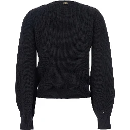 Black Sweater with Embroidered Collar and Elastic Cuffs in Wool and Cotton Woman
