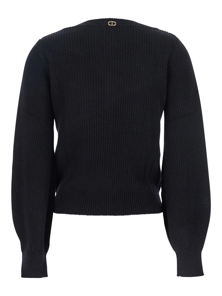 Black Sweater with Embroidered Collar and Elastic Cuffs in Wool and Cotton Woman alternative