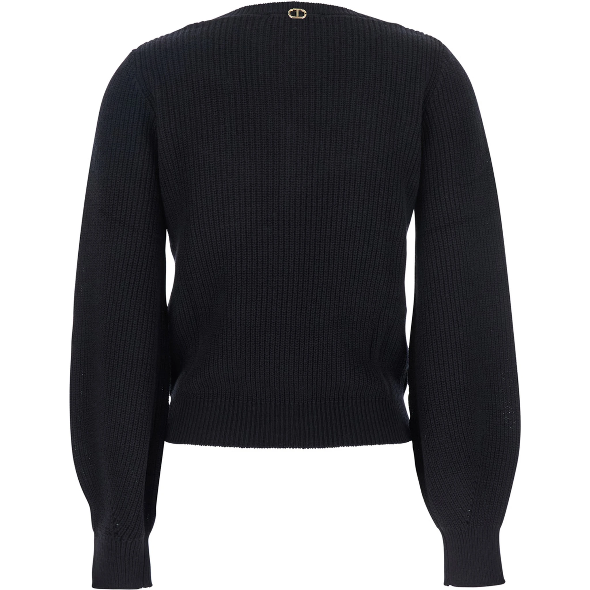 Black Sweater with Embroidered Collar and Elastic Cuffs in Wool and Cotton Woman