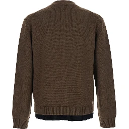 Brown Cardigan with V-Neck and Layered Design in Fabric Man