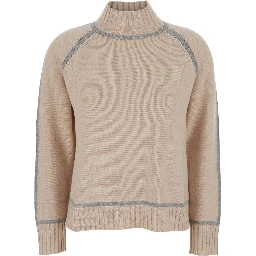 Pescara Beige Sweater with High Neck and Contrasting Details in Wool and Cashmere Woman