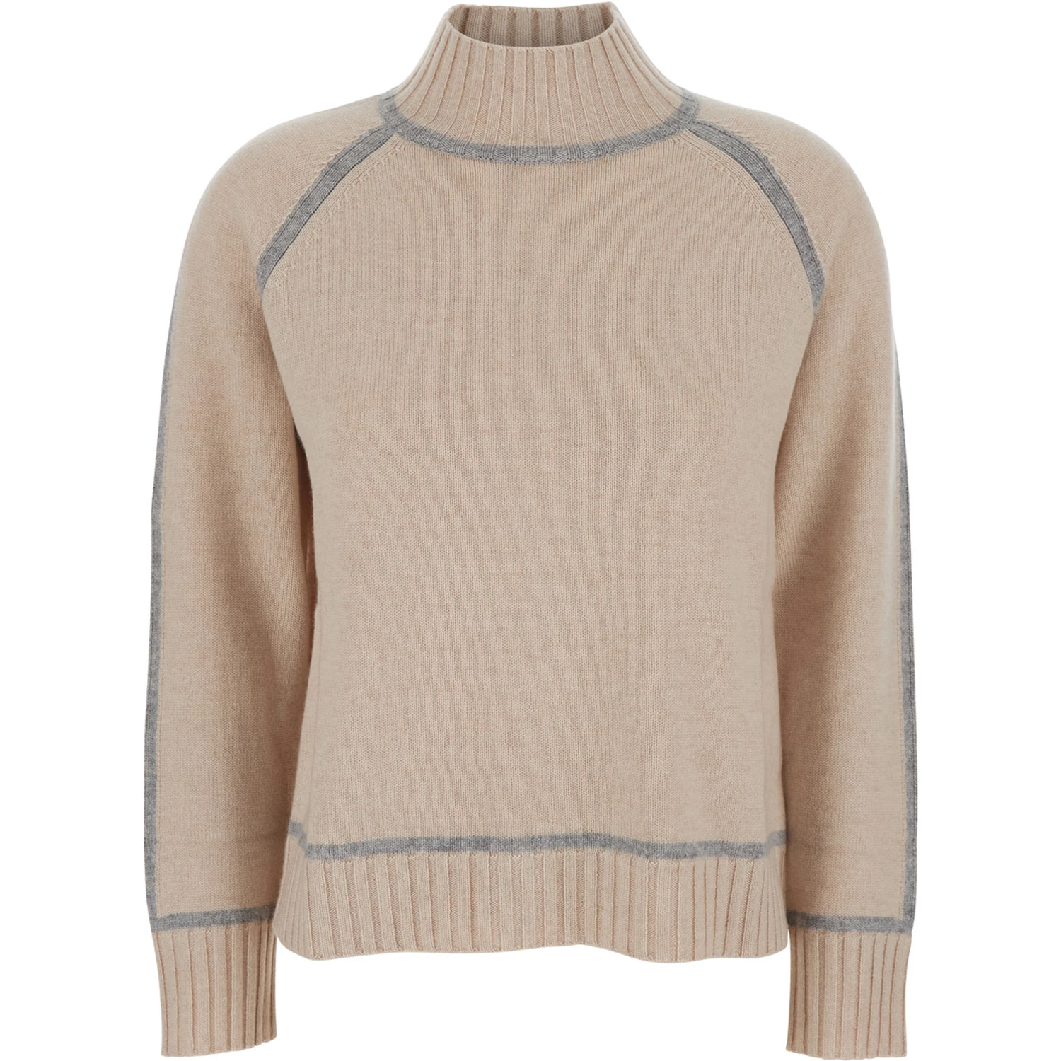 Pescara Beige Sweater with High Neck and Contrasting Details in Wool and Cashmere Woman