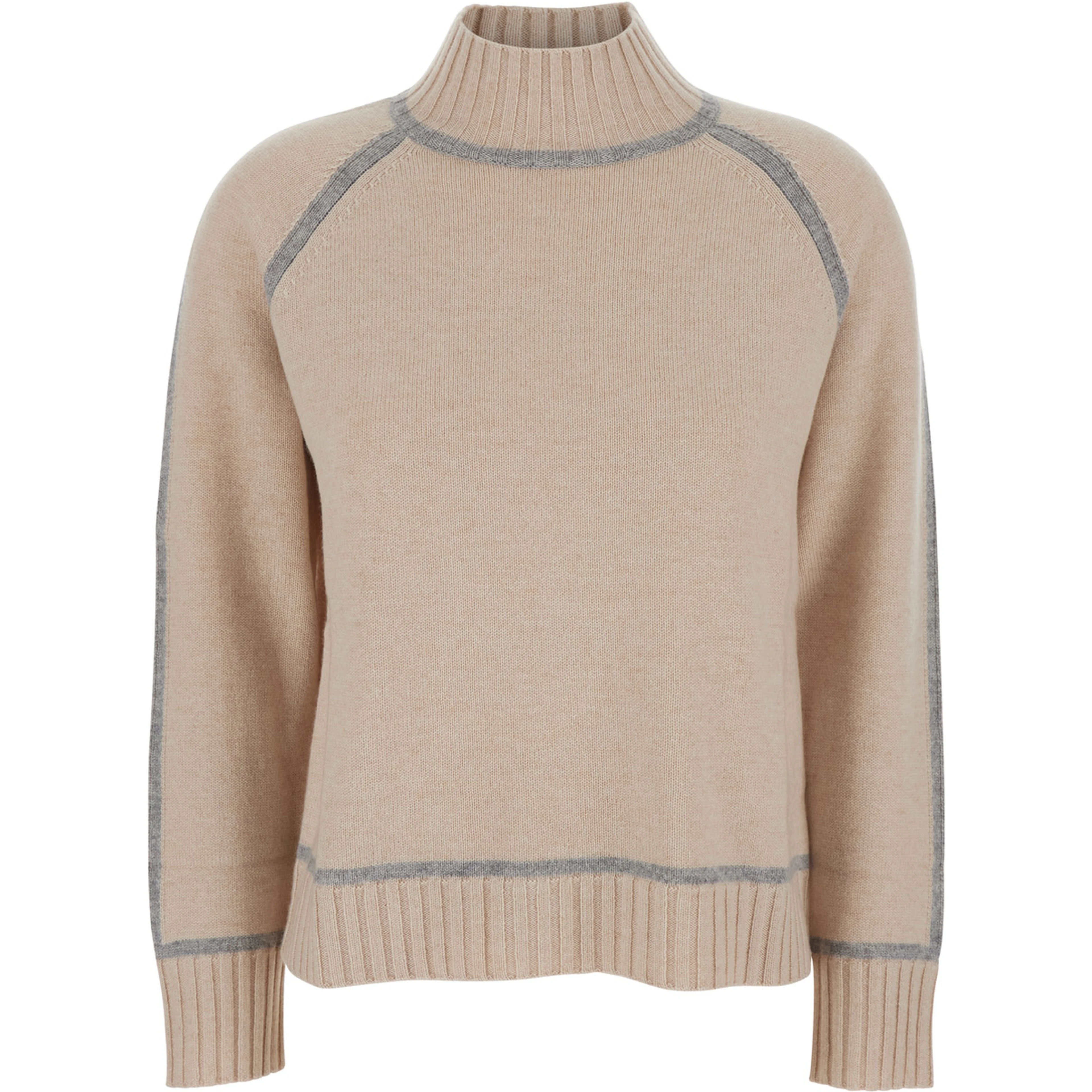 Pescara Beige Sweater with High Neck and Contrasting Details in Wool and Cashmere Woman