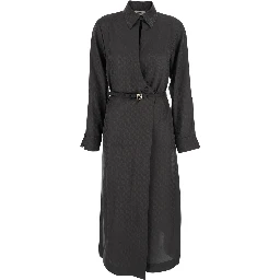 Brown Dress with All-Over FF Motif and Belt with Plaque at the Waist in Silk Woman