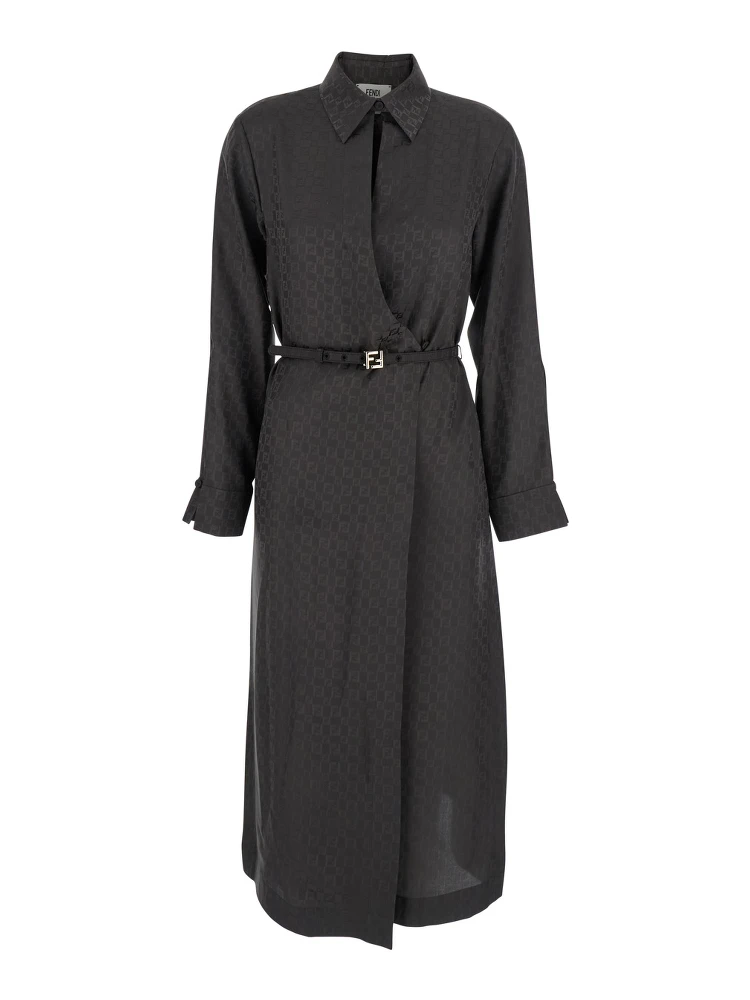 Brown Dress with All-Over FF Motif and Belt with Plaque at the Waist in Silk Woman